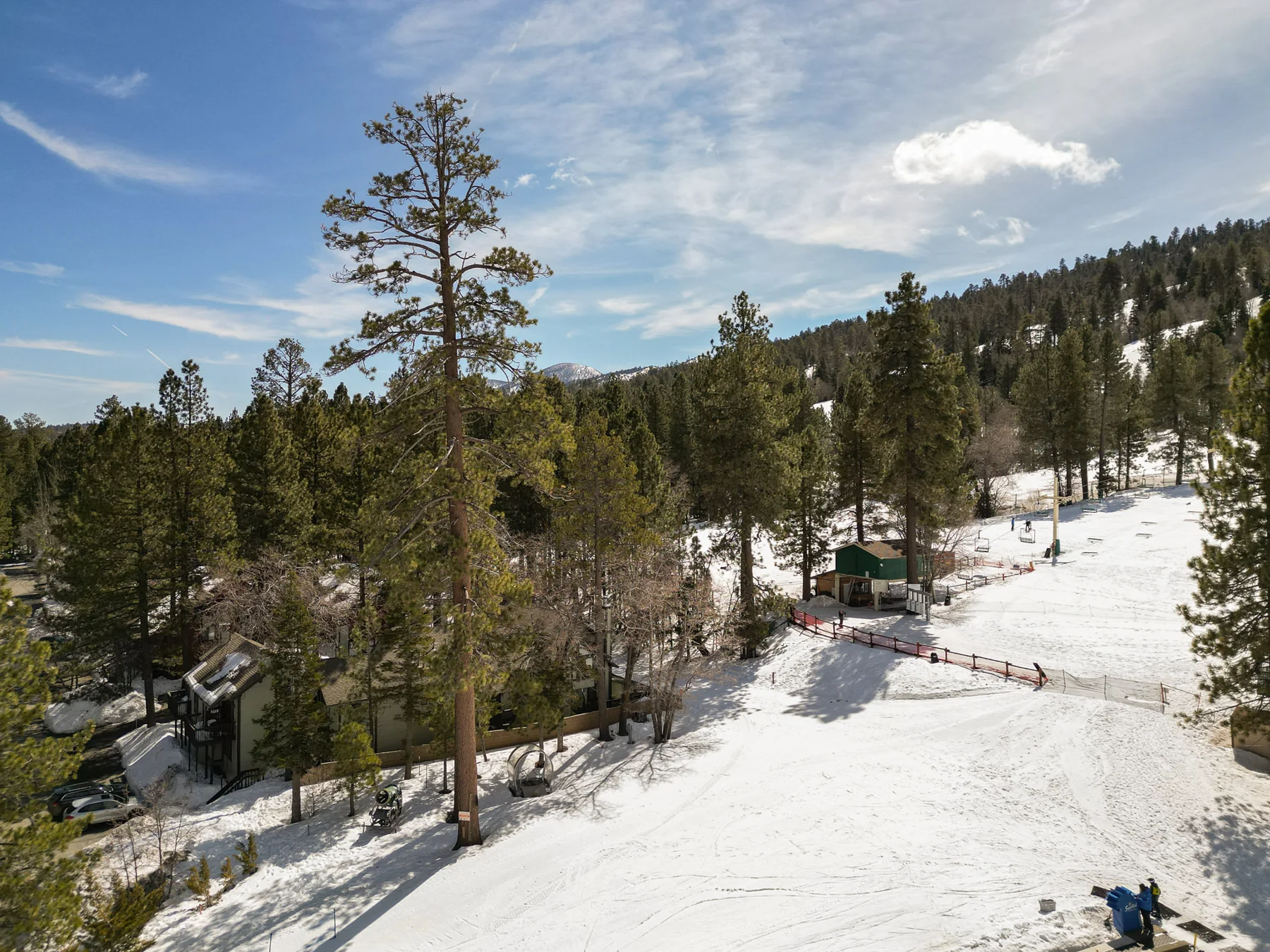 Aerial property-area photograph with forest, snow, and the neighboring chairlift